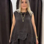İtalyan Çift Cep Detaylı Keten Tunik Bluz - Kahve