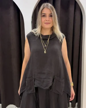İtalyan Çift Cep Detaylı Keten Tunik Bluz İtalyan Çift Cep Detaylı Keten Tunik Bluz