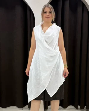 İtalyan Degaje Yaka Asimetrik %100 Keten Tunik Bluz
