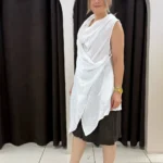İtalyan Degaje Yaka Asimetrik %100 Keten Tunik Bluz - Beyaz
