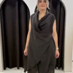 İtalyan Degaje Yaka Asimetrik %100 Keten Tunik Bluz - Kahve
