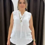 İtalyan Düğme Detaylı Hakim Yaka Keten Bluz - Beyaz