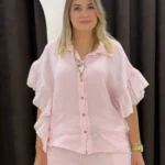 İtalyan Keten Kısa Kollu Fırfırlı Gömlek - Açık Pembe