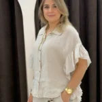 İtalyan Keten Kısa Kollu Fırfırlı Gömlek - Bej