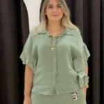 İtalyan Keten Kısa Kollu Fırfırlı Gömlek - Haki