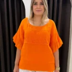 İtalyan Papatya Nakışlı Püsküllü Keten Bluz - Turuncu