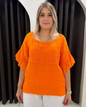 İtalyan Papatya Nakışlı Püsküllü Keten Bluz