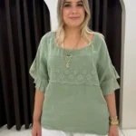 İtalyan Papatya Nakışlı Püsküllü Keten Bluz - Haki