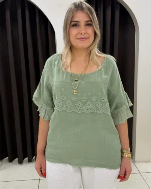 İtalyan Papatya Nakışlı Püsküllü Keten Bluz
