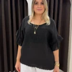 İtalyan Papatya Nakışlı Püsküllü Keten Bluz - Siyah
