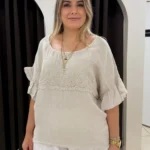 İtalyan Papatya Nakışlı Püsküllü Keten Bluz - Bej