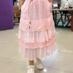 İtalyan Papatya Nakışlı Kemerli Keten Etek - Açık Pembe