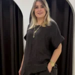 İtalyan Asimetrik %100 Keten Bluz - Kahve
