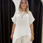 İtalyan Asimetrik %100 Keten Bluz - Beyaz