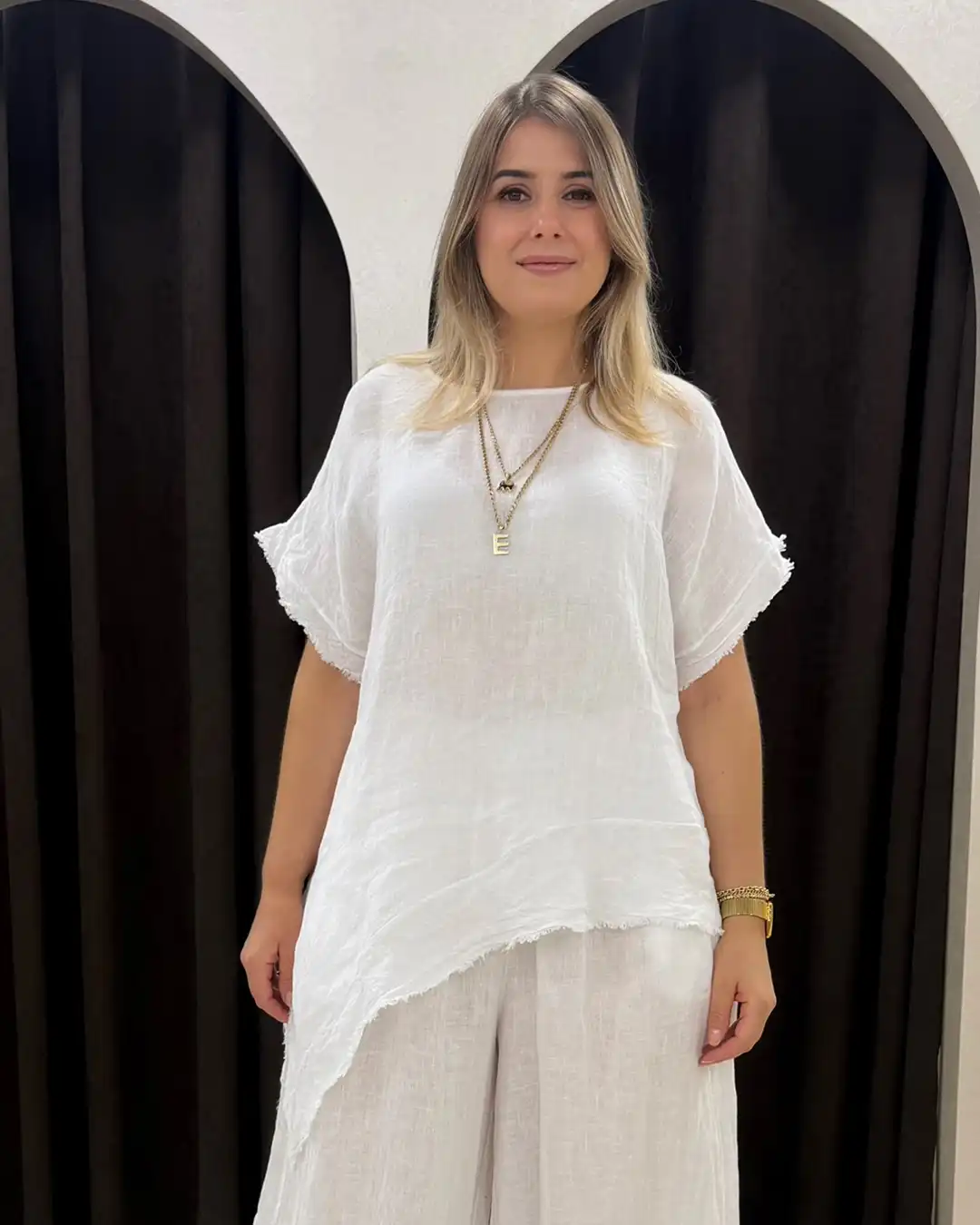 İtalyan Asimetrik %100 Keten Bluz