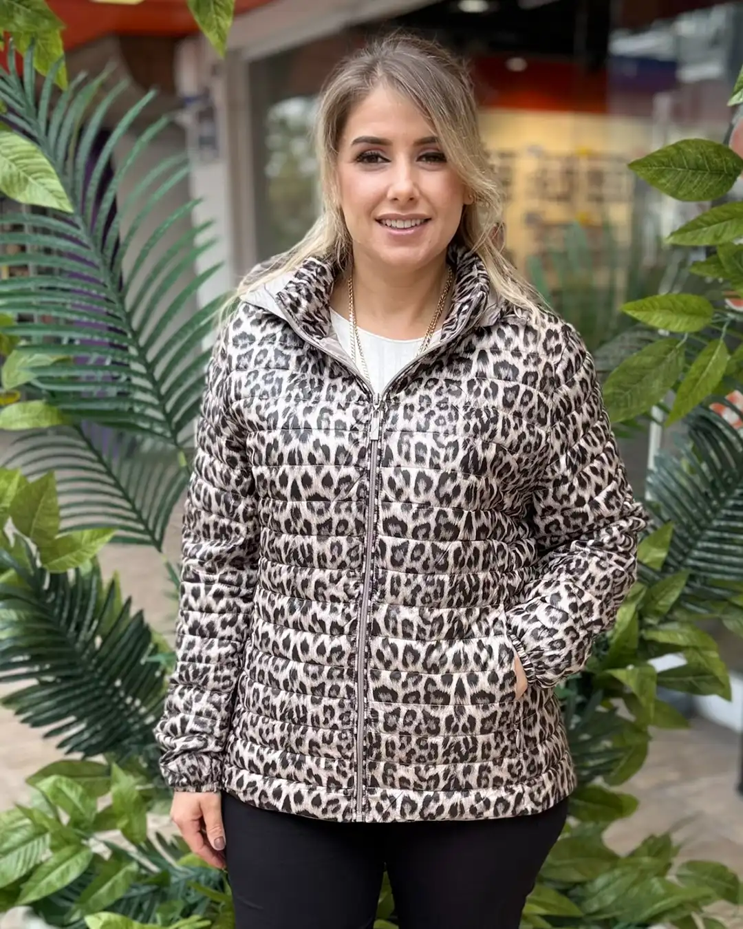 İtalyan Leopar Desenli Kapüşonlu Cepli Mont