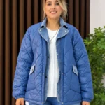 İtalyan Jean Detaylı Cepli Kapitone Oversize Mont - Mavi