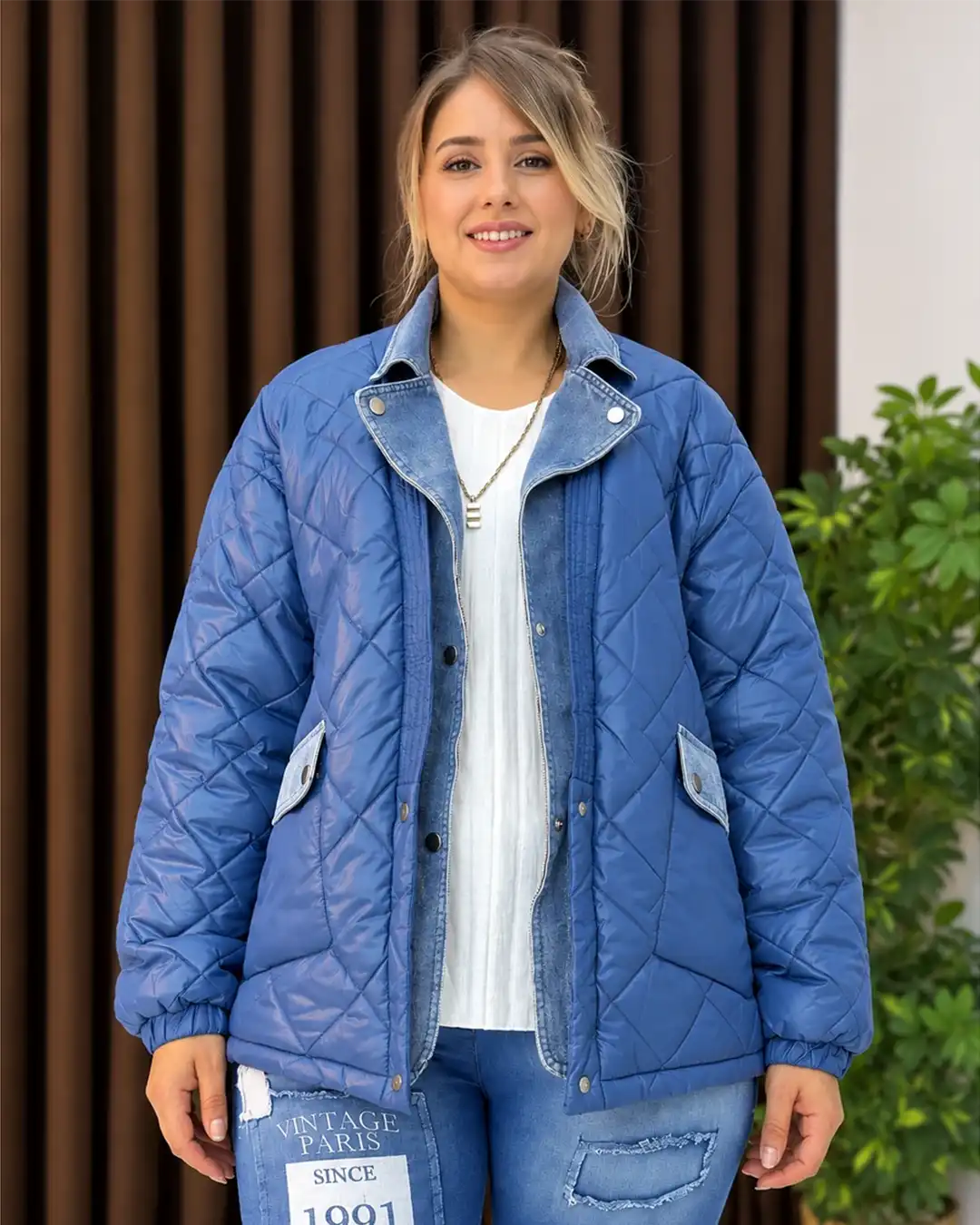 İtalyan Jean Detaylı Cepli Kapitone Oversize Mont