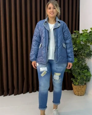 İtalyan Jean Detaylı Cepli Kapitone Oversize Mont