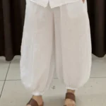 İtalyan Paça Lastikli Şalvar %100 Keten Pantolon - Beyaz