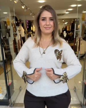 İtalyan Alpaka ve Deve Tüyü Kalp ve Fiyonk Detaylı Kadın Triko Kazak