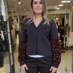İtalyan Alpaka ve Deve Tüyü Karışımlı Kalp ve Pul Detaylı Kadın Triko Hırka - Kahve