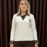 İtalyan Alpaka ve Deve Tüyü Karışımlı Leopar Garnili Kadın Triko Kazak - Ekru